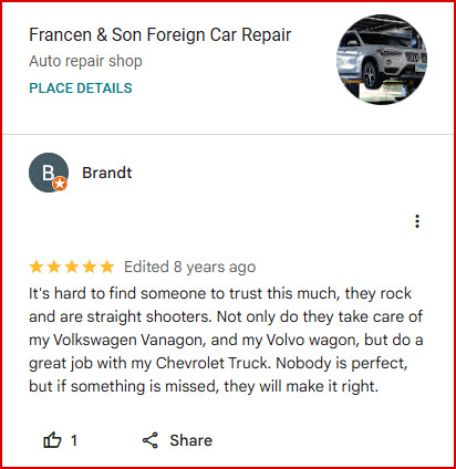 Francen & Son Foreign Car Repair Volvo Review