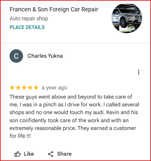 Review of Francen & Son Foreign Car Repair By Charles Yukna