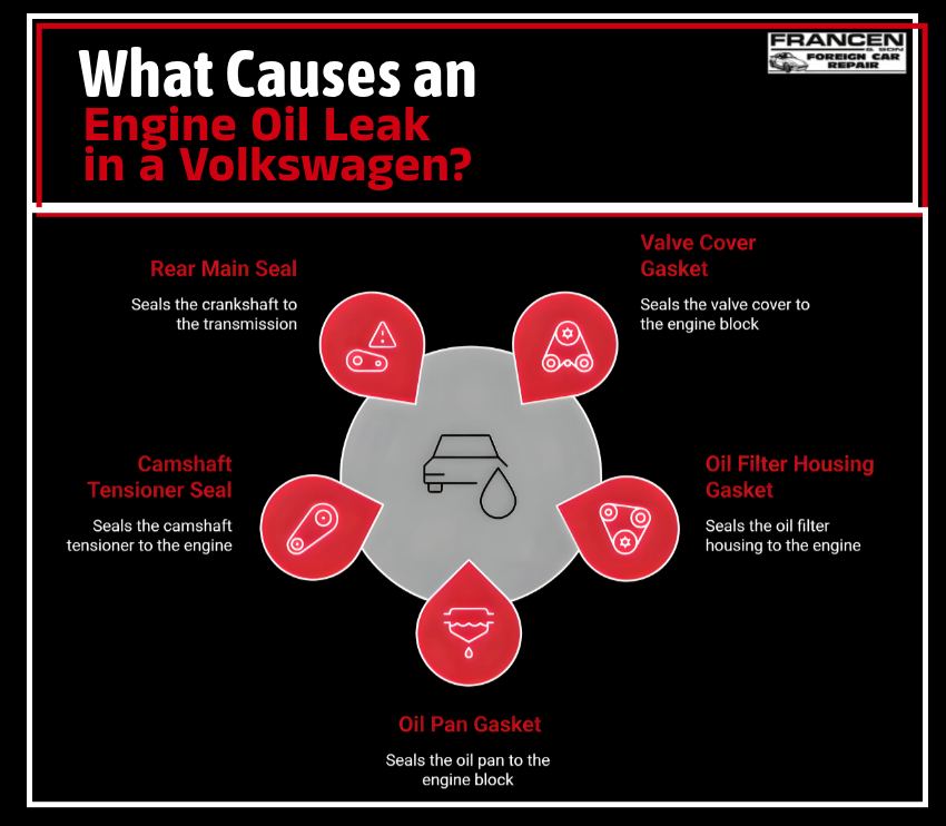 What causes an engine oil leak in a Volkswagen