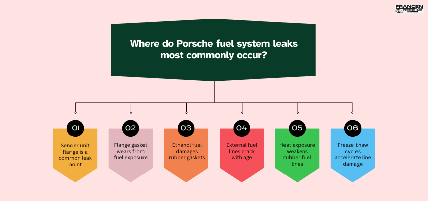 Where do Porsche fuel system leaks most commonly occur